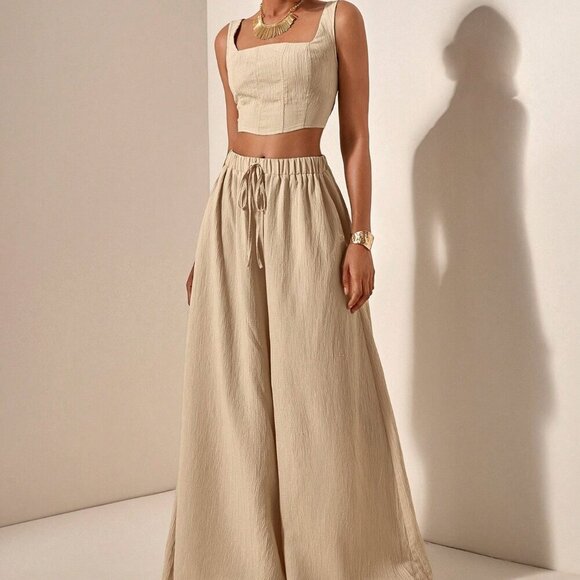 Khaki womens crop top & flowy wide legged pants textured fabric coord set - Picture 3 of 8